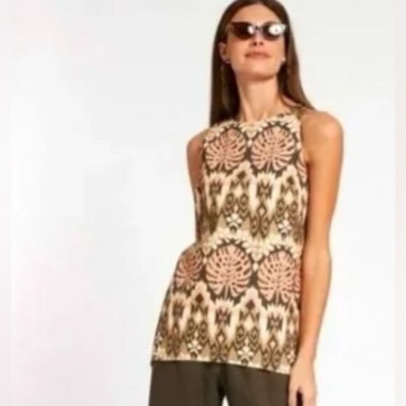 Tyler Boe Linen Aztec BoHo Tunic Top Shirt Brown Tan size Small - Picture 1 of 11